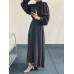 Solid Long Sleeve High Neck Pleated Casual Maxi Dress