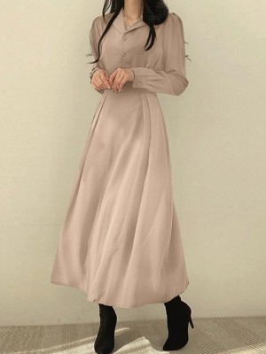 Solid Elastic Waist Button Long Sleeve Lapel Maxi Shirt Dress