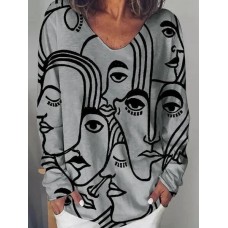 Women Art Abstract Character Print Loose Long Sleeve Casual T  Shirt