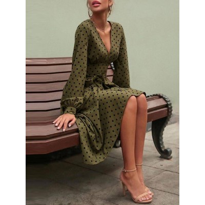 Polka Dot Print Long Sleeve V  neck Knotted Dress