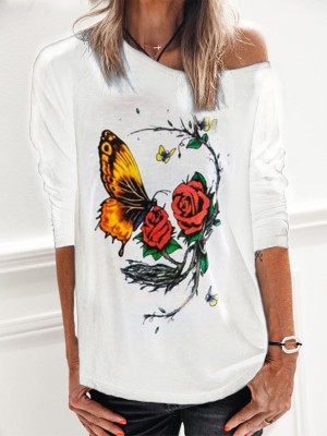 Women Floral Butterfly Print Round Neck Long Sleeve Casual T  Shirts