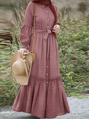 Striped Long Sleeve Turn  down Collar Long Sleeve Maxi Dress With Belt