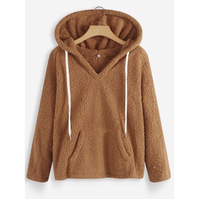 Women V  neck Hooded Solid Color Fleece Coats