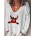 Women Christmas Letter Cartoon Print V  Neck Loose Long Sleeve T  Shirts