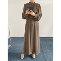 Solid Long Sleeve High Neck Pleated Casual Maxi Dress