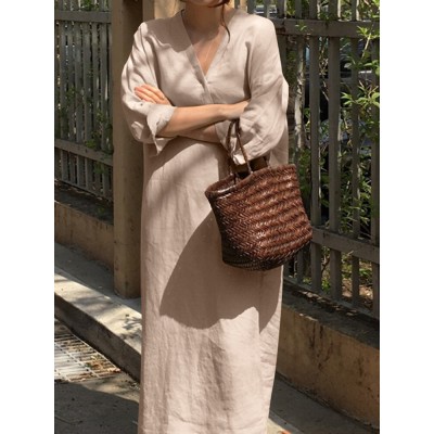 Solid Color Long Sleeve V  neck Loose Cotton Maxi Dress