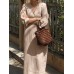 Solid Color Long Sleeve V  neck Loose Cotton Maxi Dress