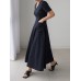 Solid Pocket Short Sleeve V  neck Swing Maxi Dress