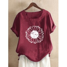 Women Floral Print Scoop Neck Short Sleeve Simple T  Shirts